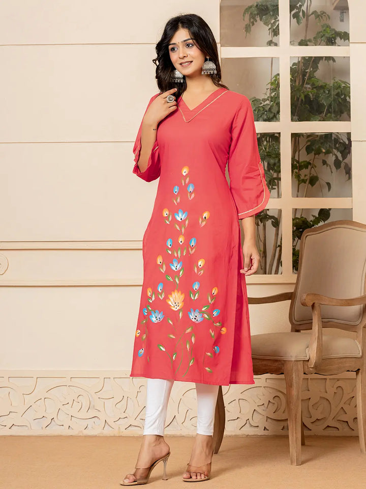 Hot Pink Hand Painted Straight Kurta-Yufta Store-6978KURHPS