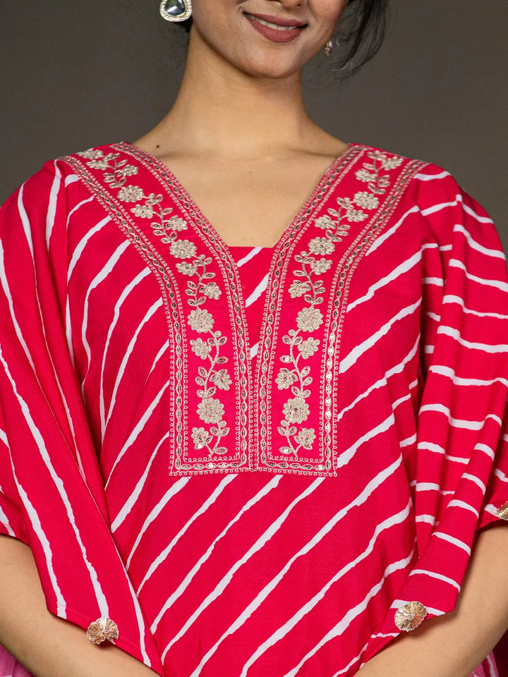 Hot Pink Leheriya Embroidered Kaftan Kurta Set-Yufta Store-6899SETHPS