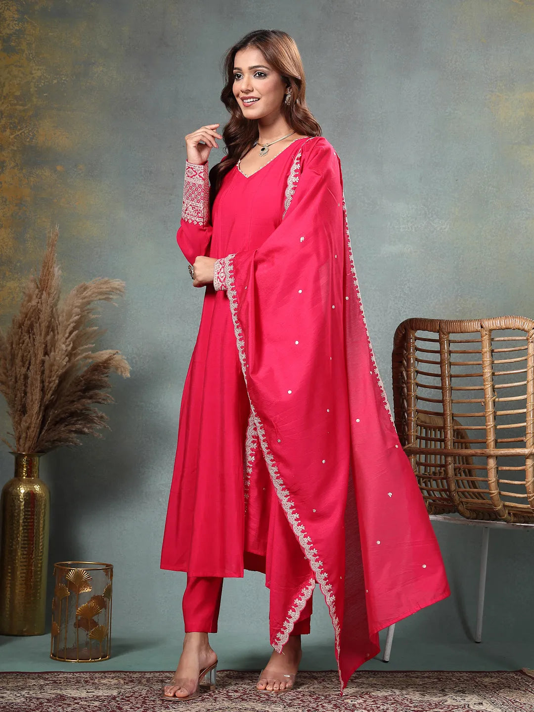 Hot Pink Roman Silk A Line Kurta Trouser Dupatta Set-Yufta Store-6762SKDHPM