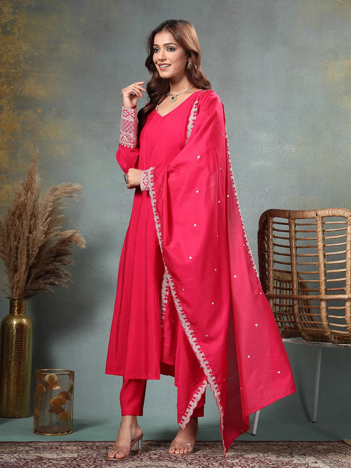 Hot Pink Roman Silk A Line Kurta Trouser Dupatta Set-Yufta Store-6762SKDHPM