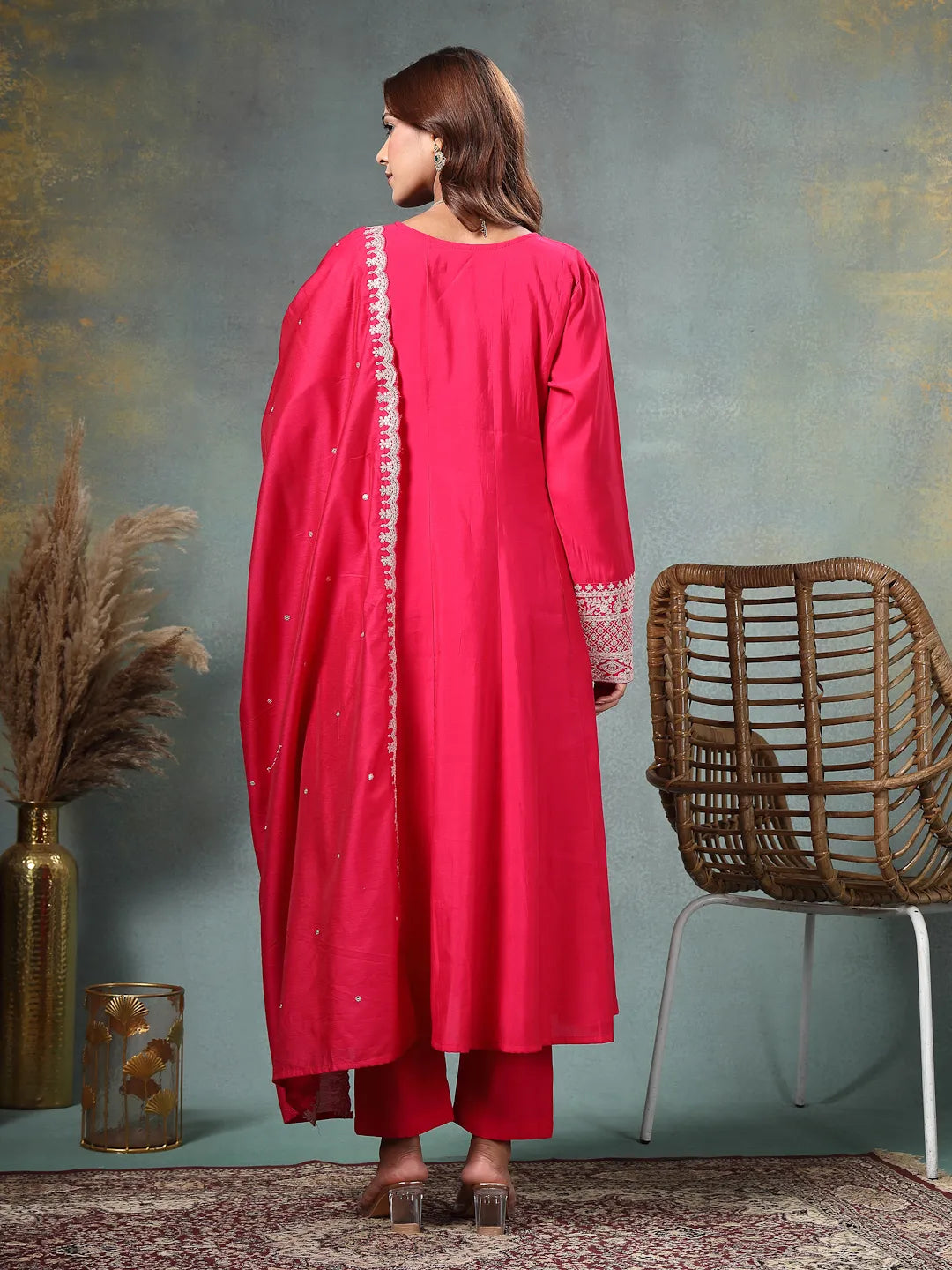 Hot Pink Roman Silk A Line Kurta Trouser Dupatta Set-Yufta Store-6762SKDHPM