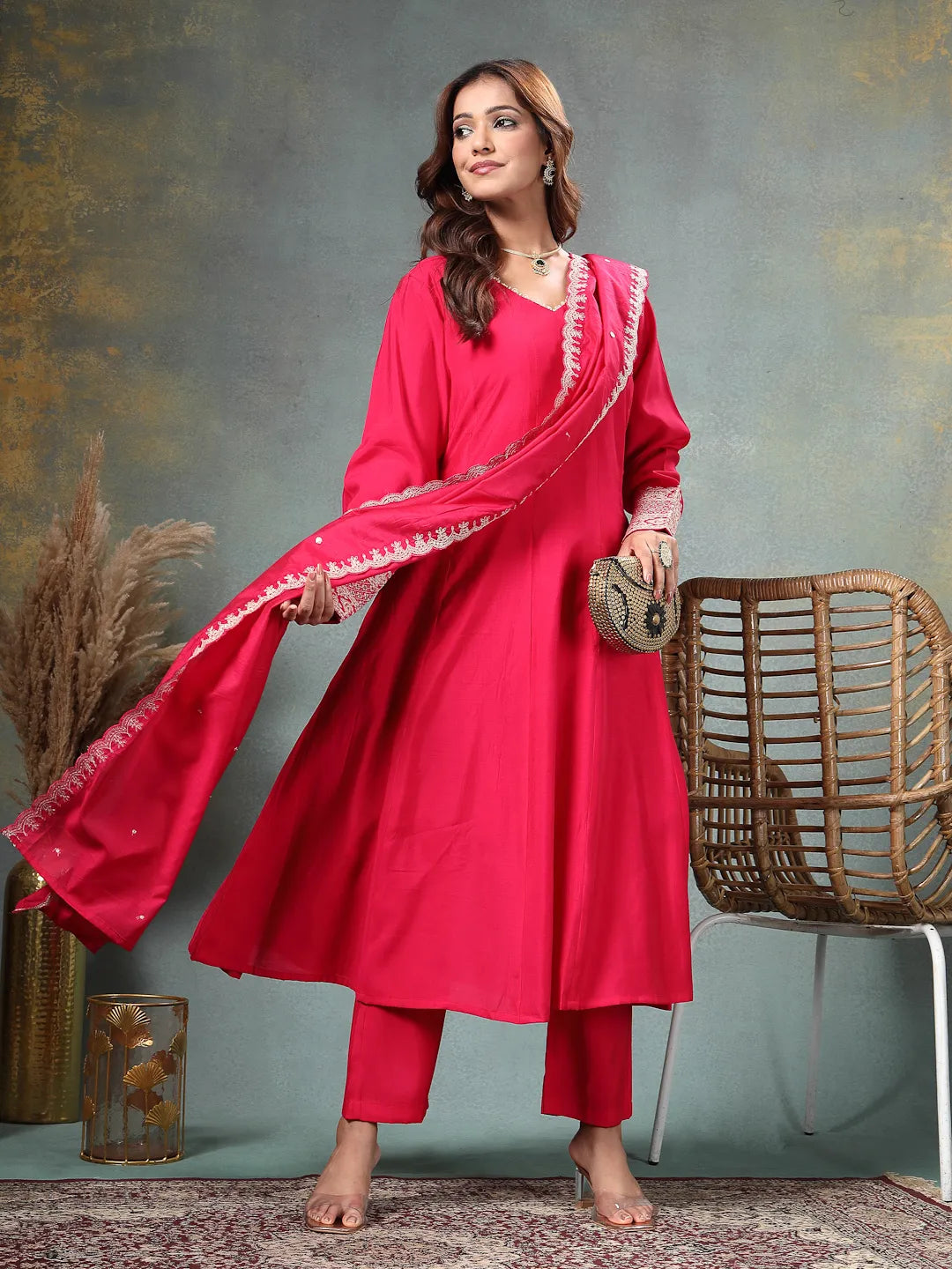 Hot Pink Roman Silk A Line Kurta Trouser Dupatta Set-Yufta Store-6762SKDHPM
