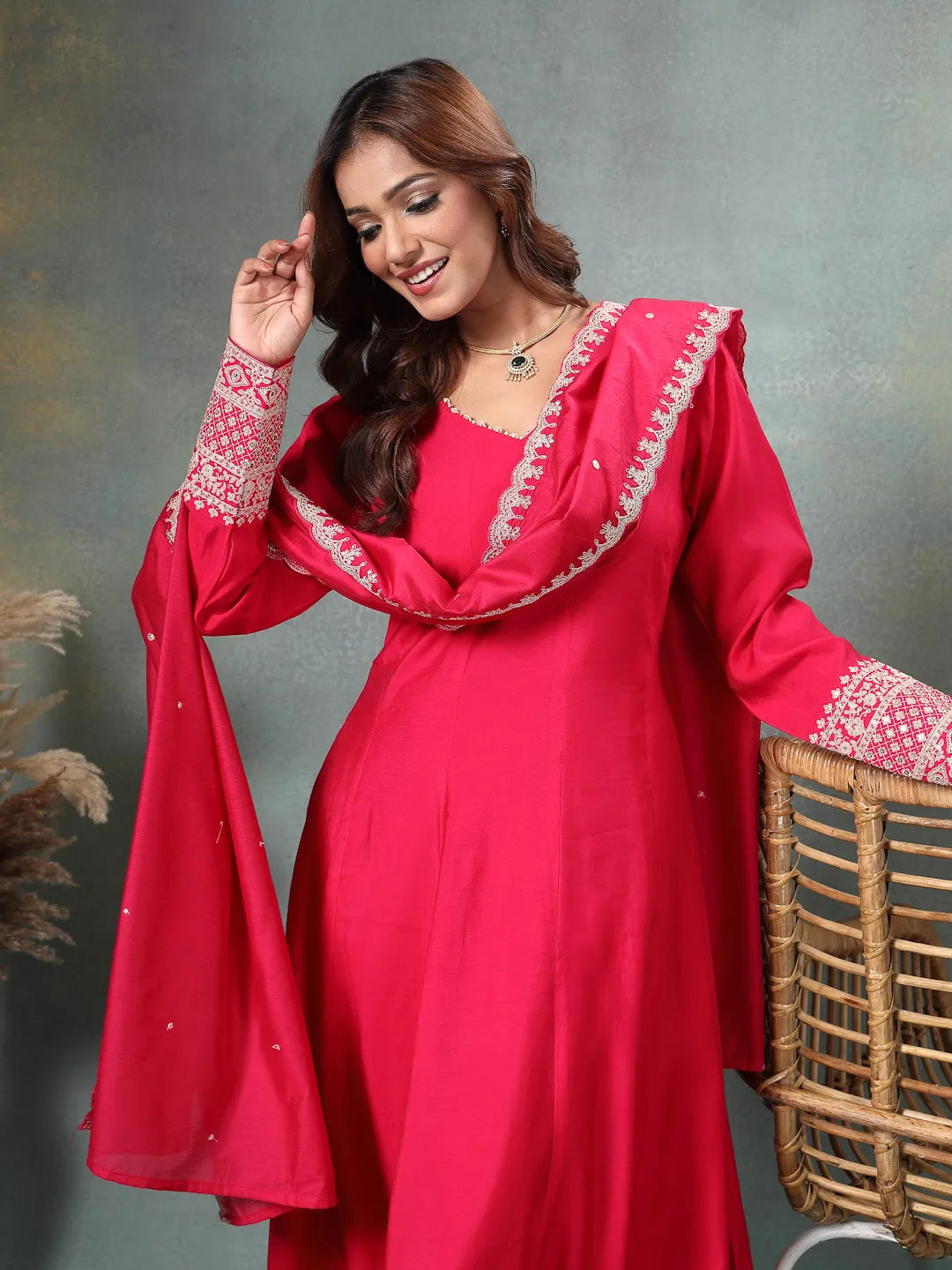 Hot Pink Roman Silk A Line Kurta Trouser Dupatta Set-Yufta Store-6762SKDHPM