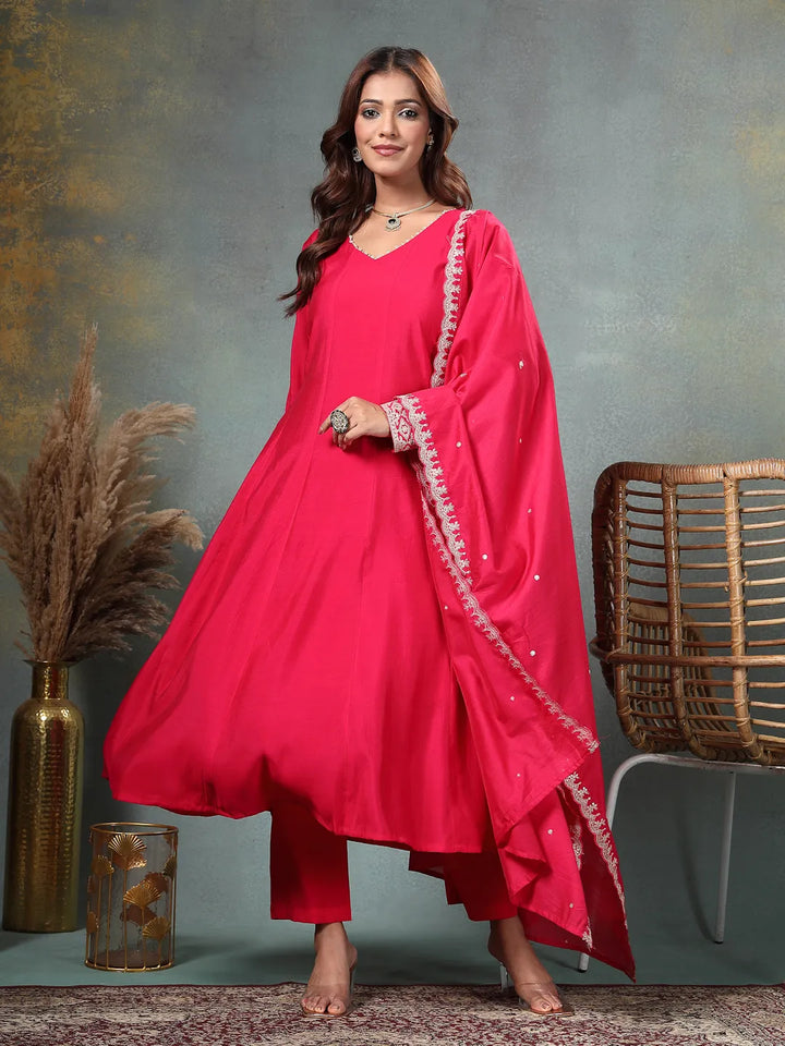 Hot Pink Roman Silk A Line Kurta Trouser Dupatta Set-Yufta Store-6762SKDHPM