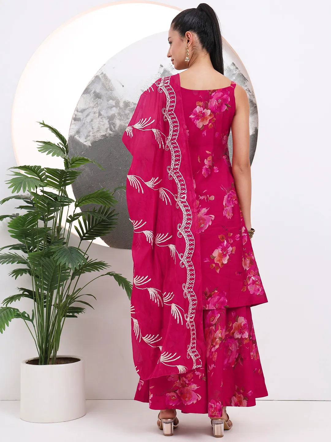 Hot Pink Silk Blend A-Line Kurta Palazoo Set