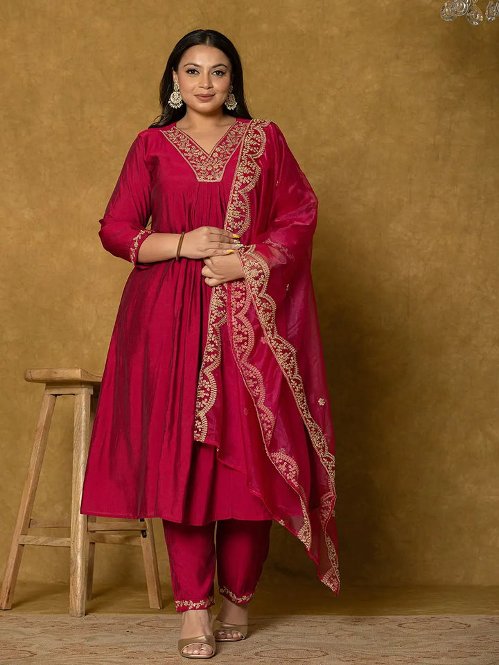 Hot Pink Silk Embroidered Plus Size Kurta Dupatta Set-Yufta Store-7175PSKDHP3XL