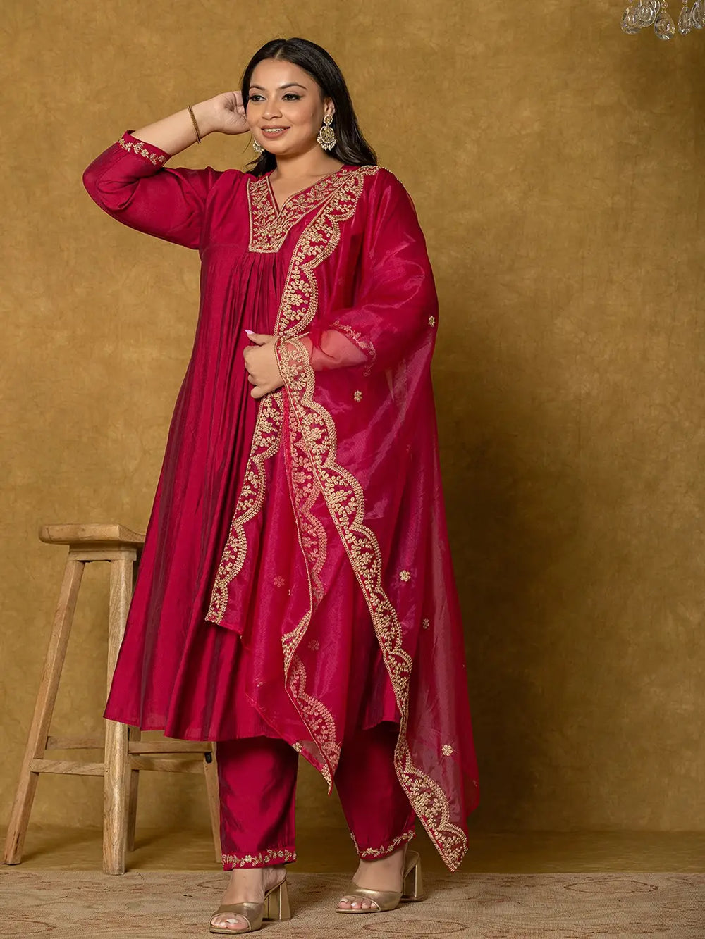 Hot Pink Silk Embroidered Plus Size Kurta Dupatta Set-Yufta Store-7175PSKDHP3XL