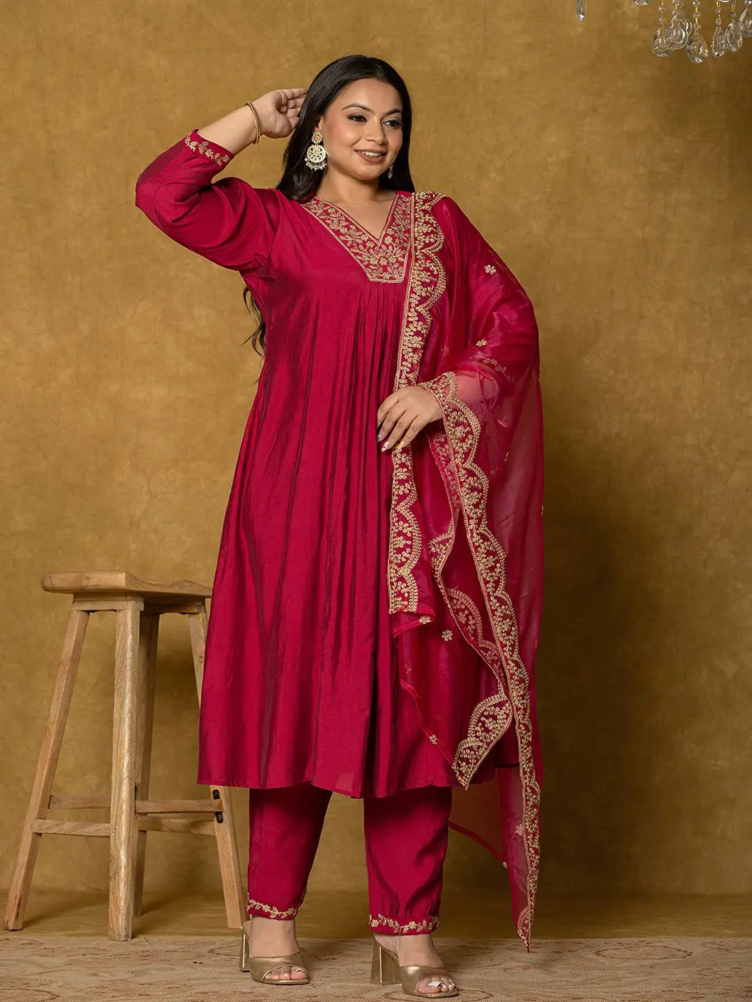 Hot Pink Silk Embroidered Plus Size Kurta Dupatta Set-Yufta Store-7175PSKDHP3XL