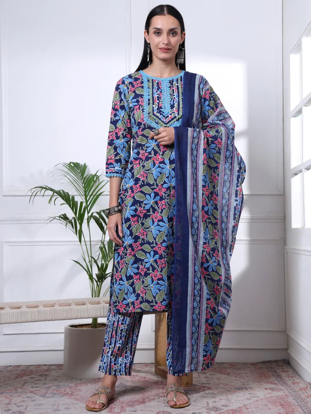 Indigo Blue Lace Work Cotton Straight Kurta Trouser Dupatta Set-Yufta Store-6434SKDBLM