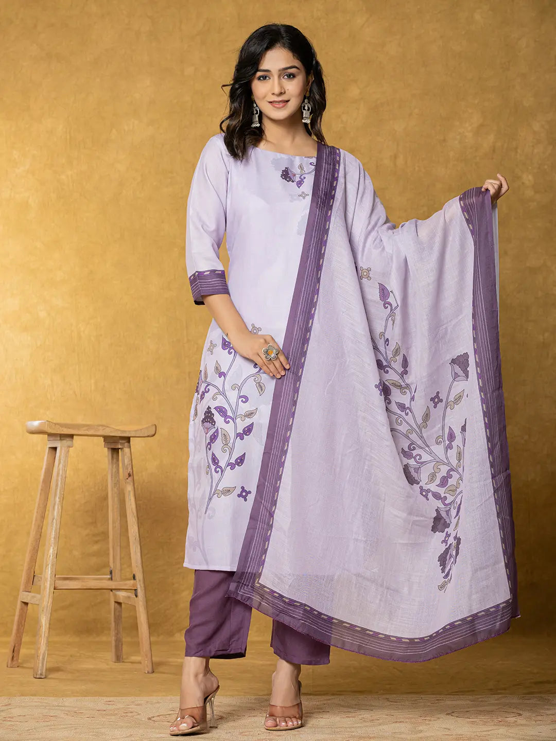 Lavender And White Linen Kurta Dupatta Pant Set-Yufta Store-7329SKDLVS