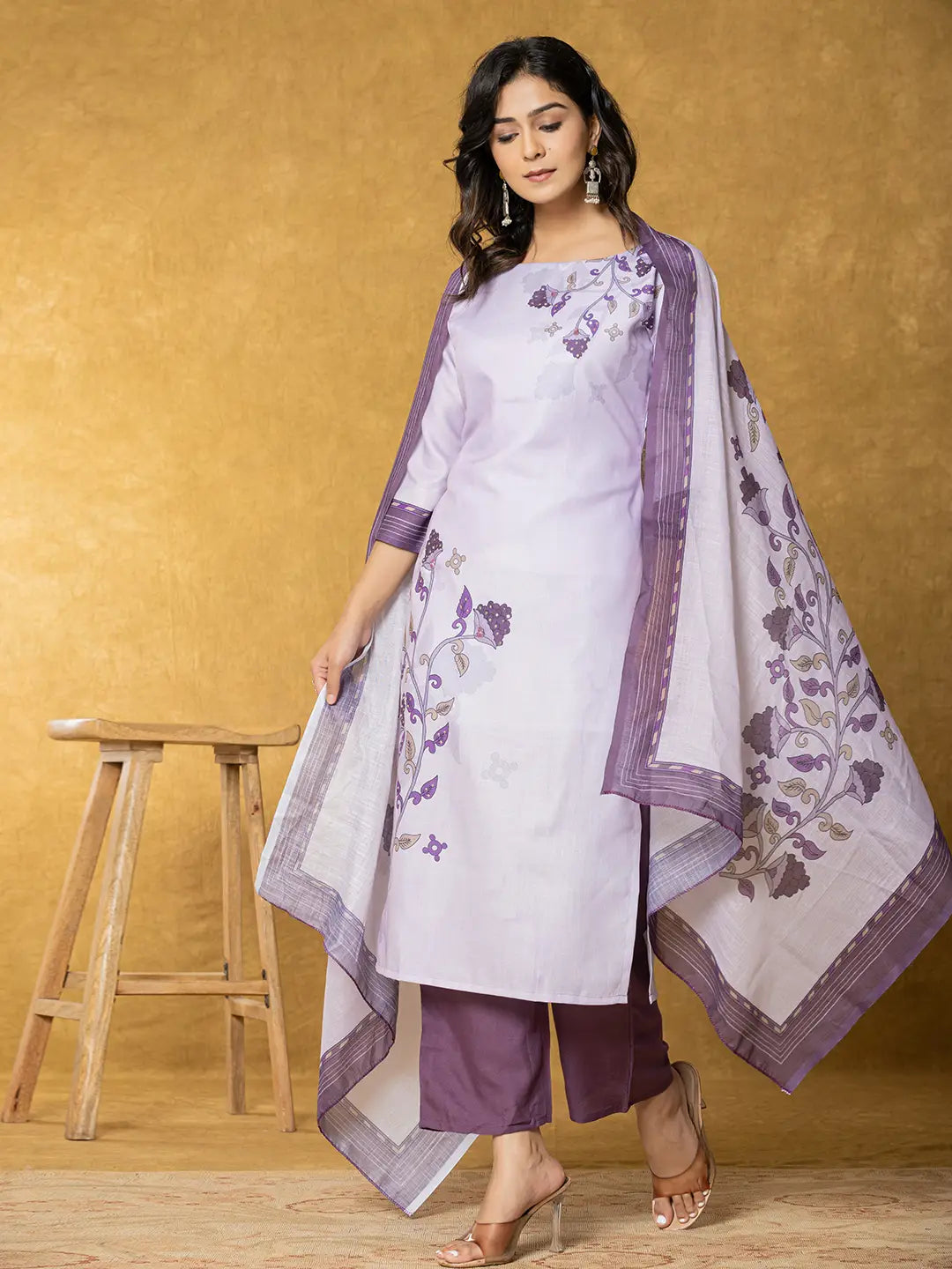 Lavender And White Linen Kurta Dupatta Pant Set-Yufta Store-7329SKDLVS