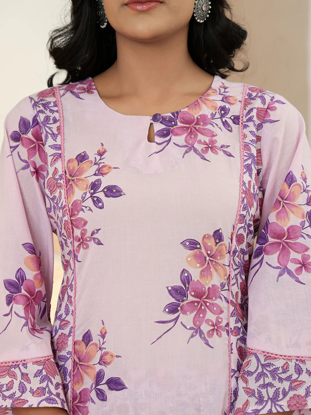 Lavender Cotton A Line  Dupatta Set With Lacework