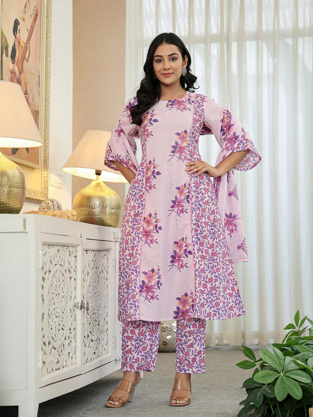 Lavender Cotton A Line  Dupatta Set With Lacework