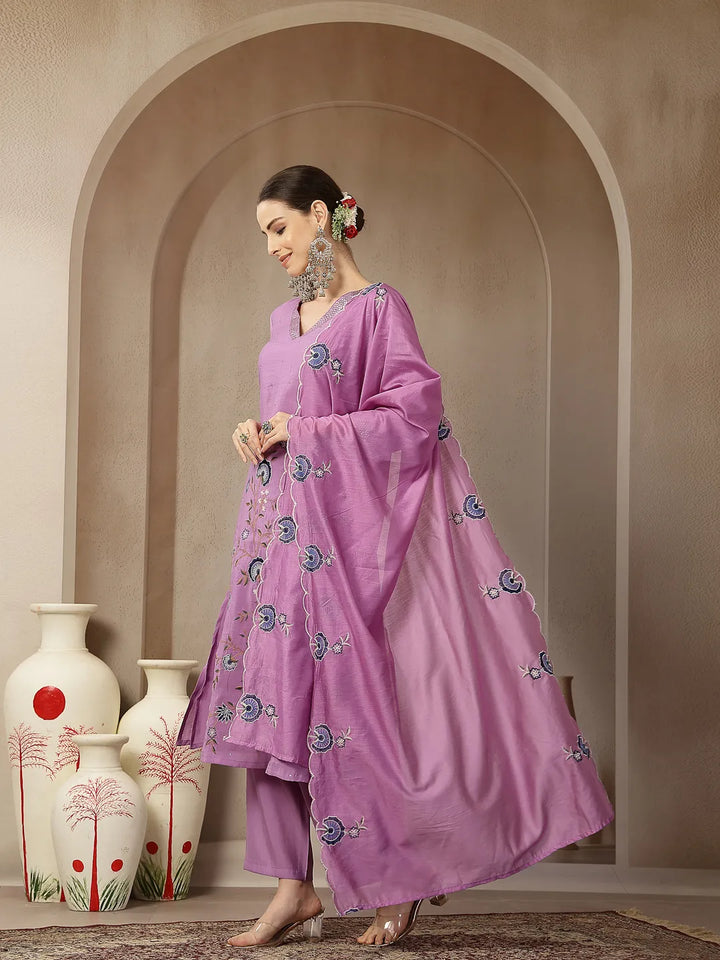 Lavender Mul Chanderi Silk Embroidery A-Line Kurta Palazzo Dupatta Set
