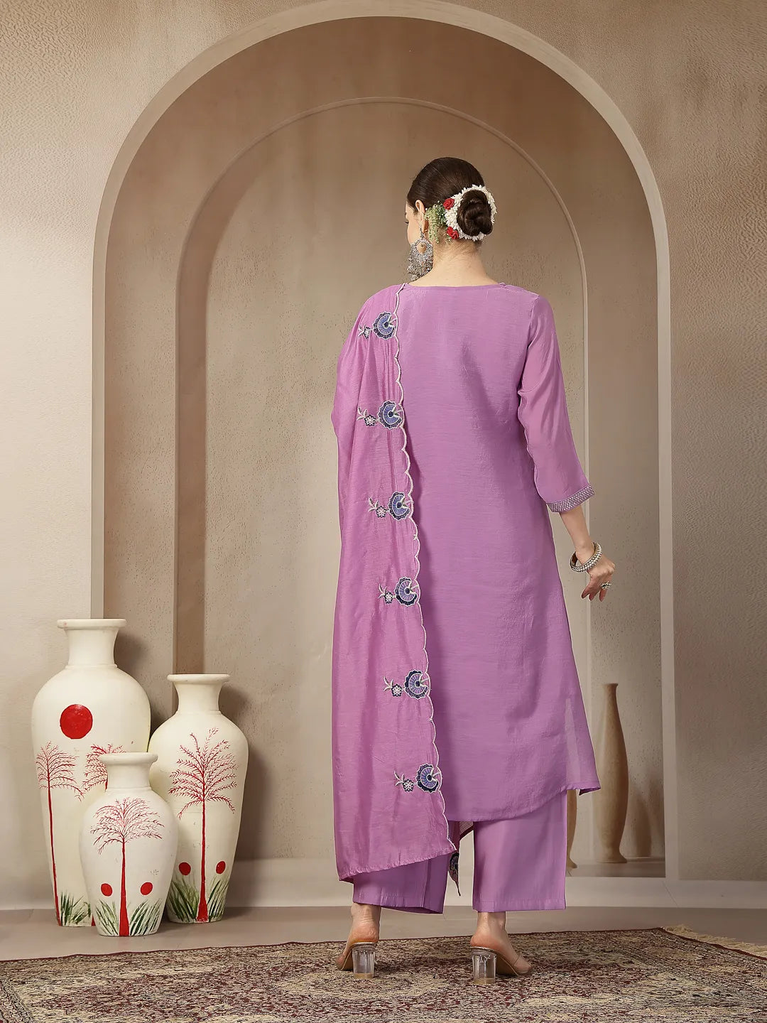 Lavender Mul Chanderi Silk Embroidery A-Line Kurta Palazzo Dupatta Set
