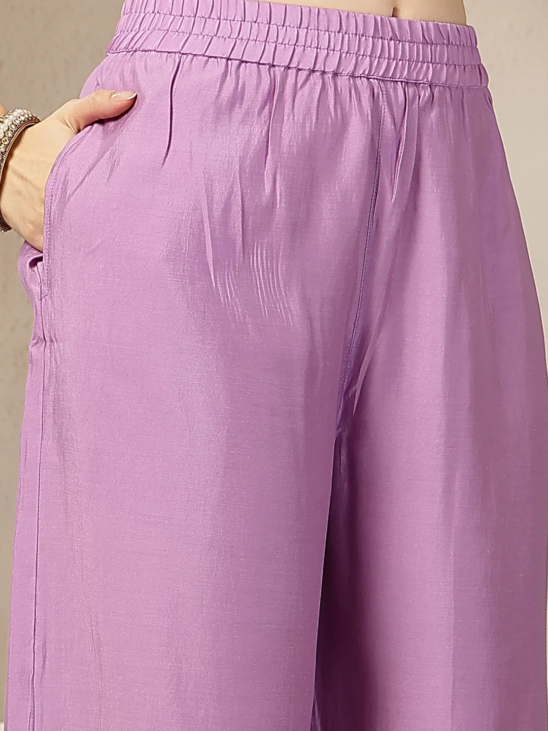 Lavender Mul Chanderi Silk Embroidery A-Line Kurta Palazzo Dupatta Set