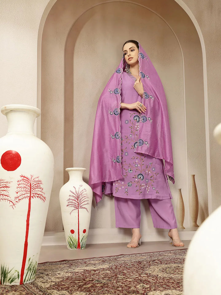 Lavender Mul Chanderi Silk Embroidery A-Line Kurta Palazzo Dupatta Set