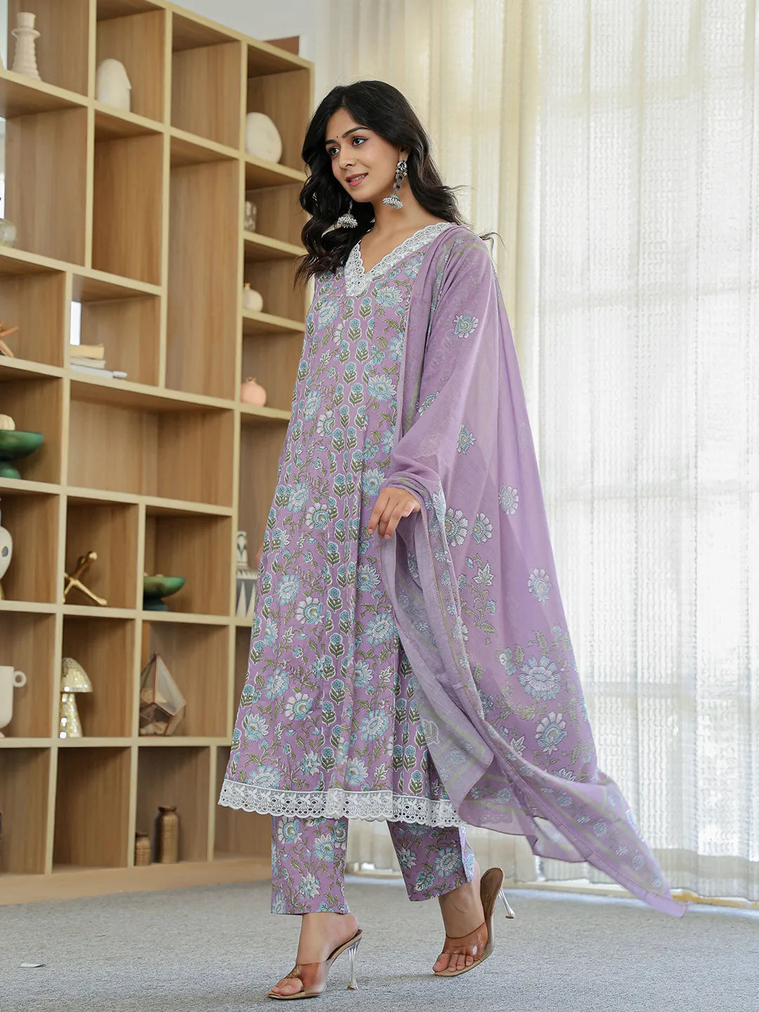 Lavender Pure Cotton Anarkali Kurta Dupatta Set With Lacework-Yufta Store-6045SKDLVM