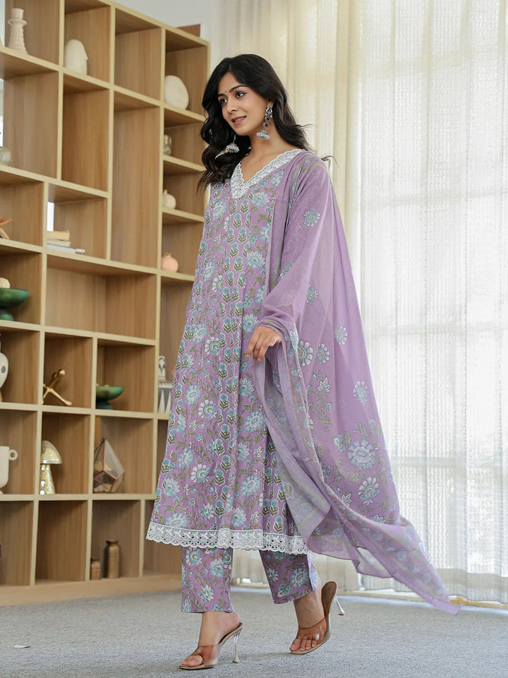 Lavender Pure Cotton Anarkali Kurta Dupatta Set With Lacework-Yufta Store-6045SKDLVM