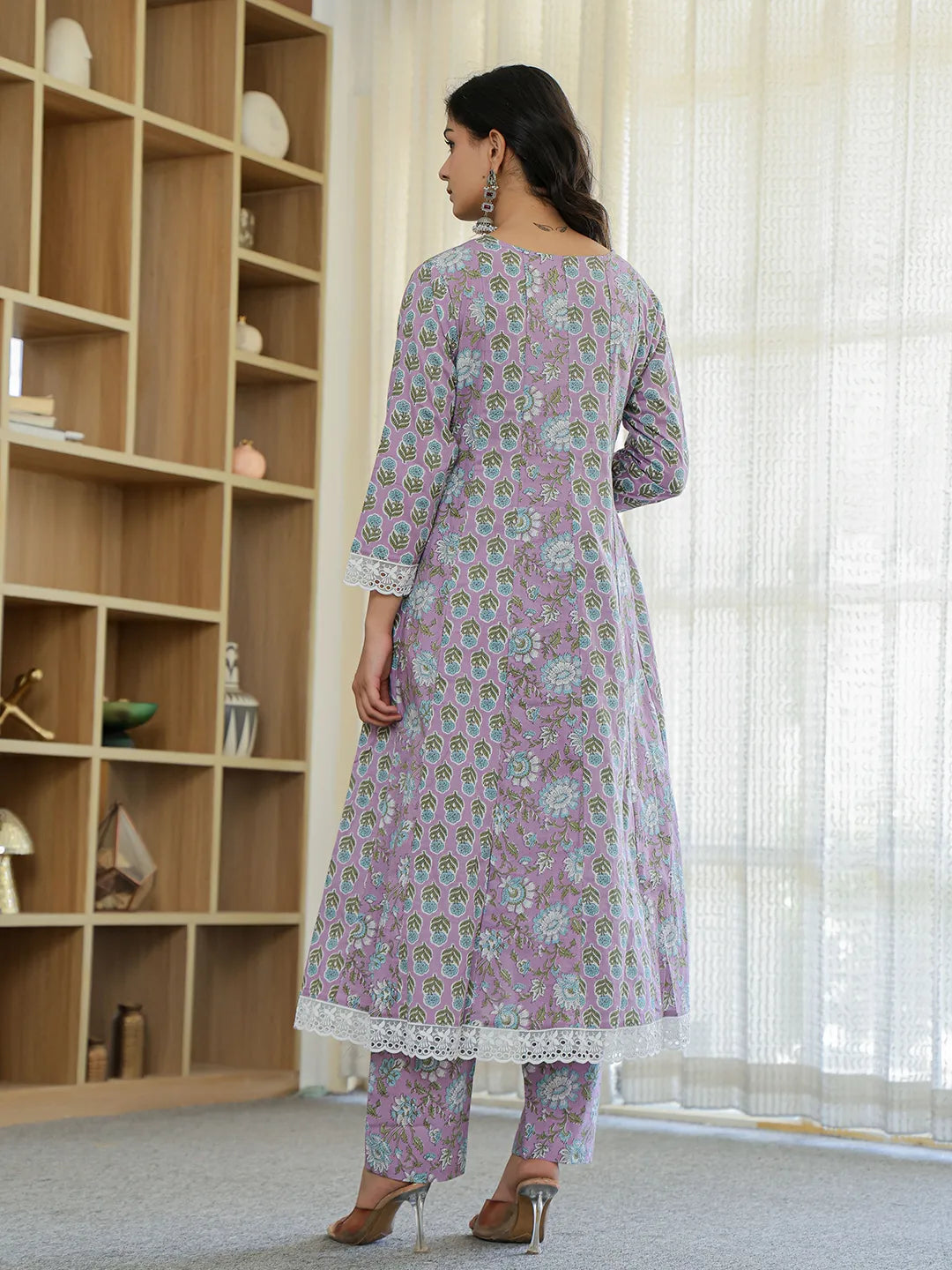 Lavender Pure Cotton Anarkali Kurta Dupatta Set With Lacework-Yufta Store-6045SKDLVM