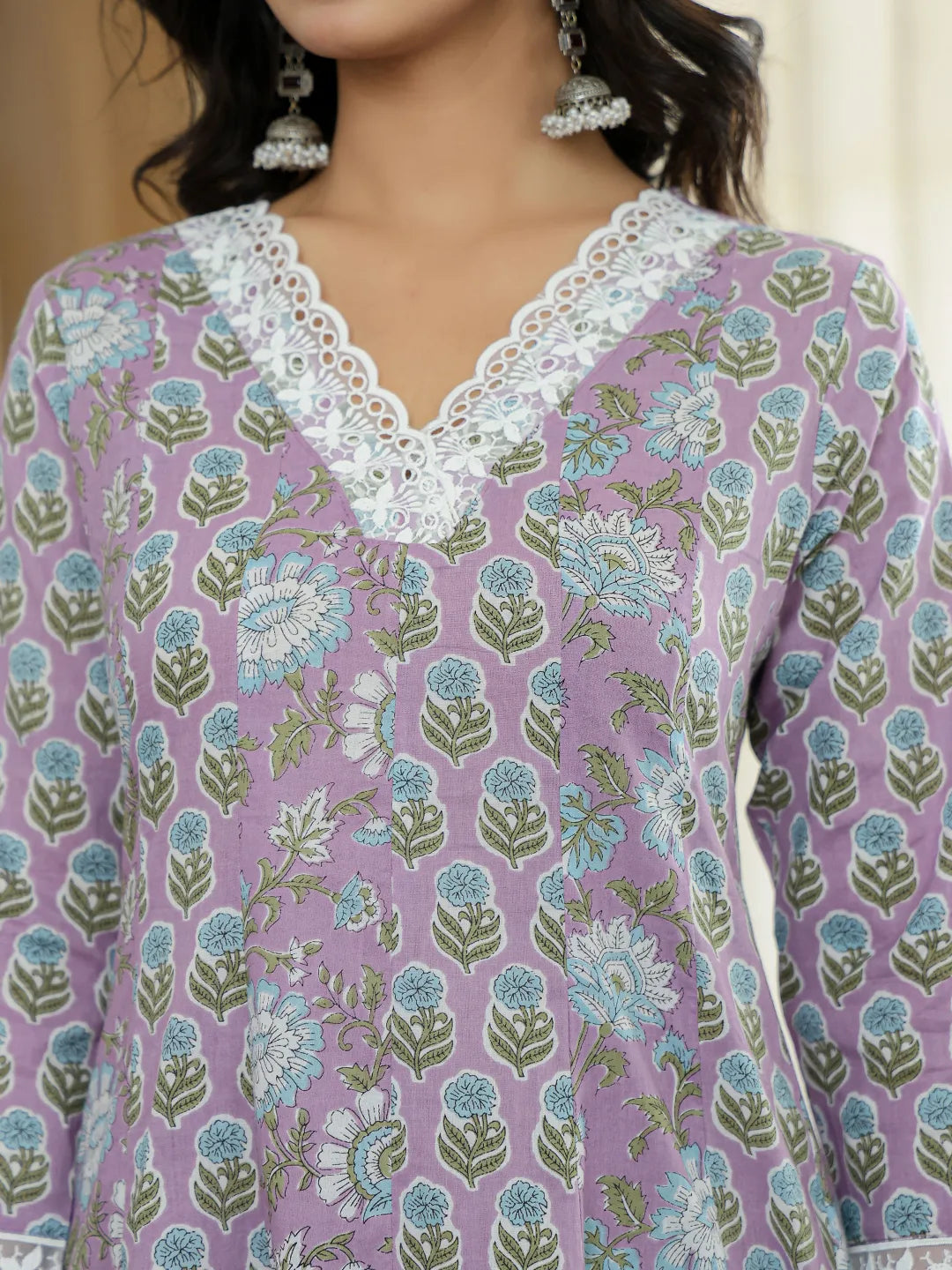 Lavender Pure Cotton Anarkali Kurta Dupatta Set With Lacework-Yufta Store-6045SKDLVM