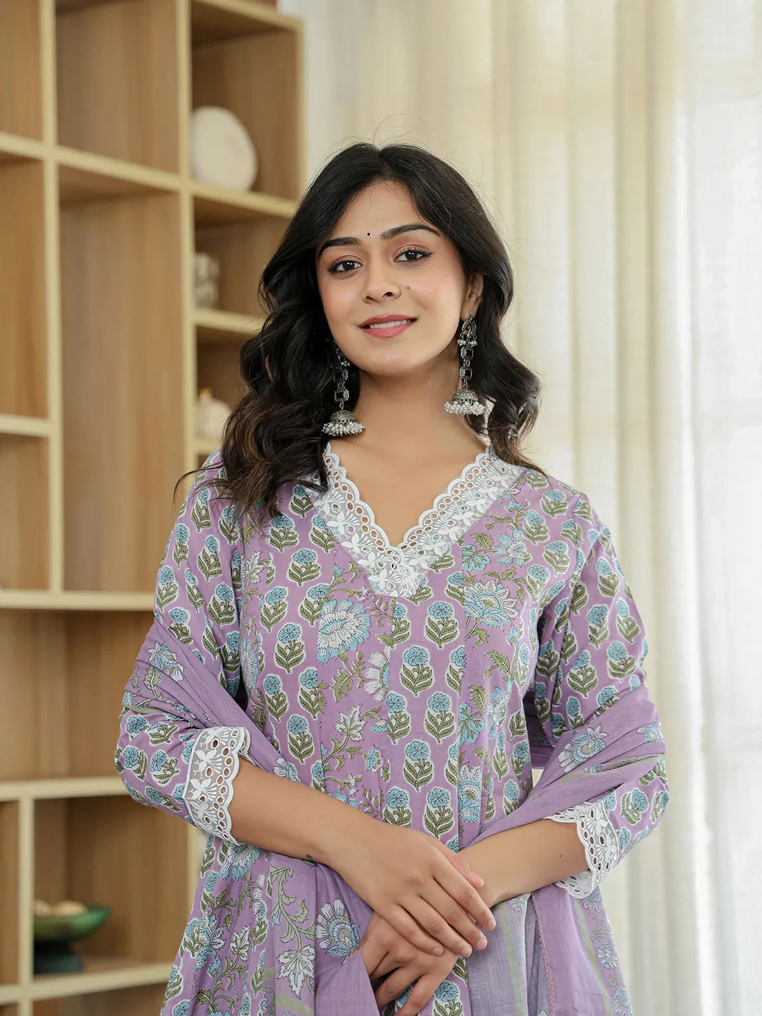 Lavender Pure Cotton Anarkali Kurta Dupatta Set With Lacework-Yufta Store-6045SKDLVM