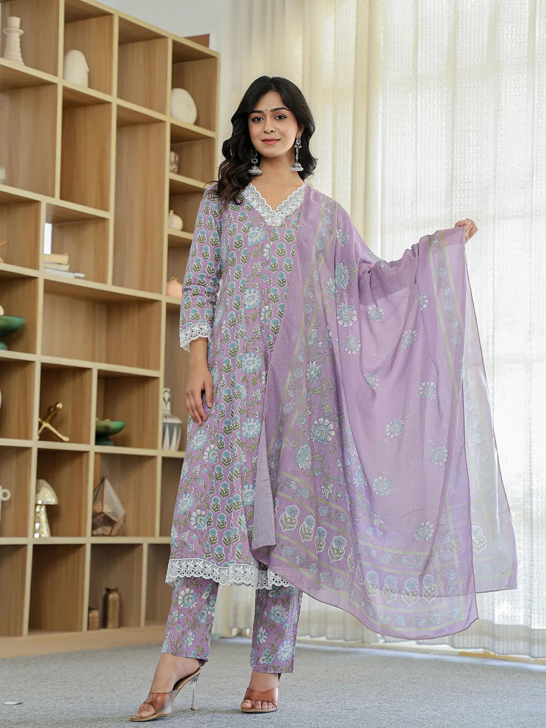Lavender Pure Cotton Anarkali Kurta Dupatta Set With Lacework-Yufta Store-6045SKDLVM