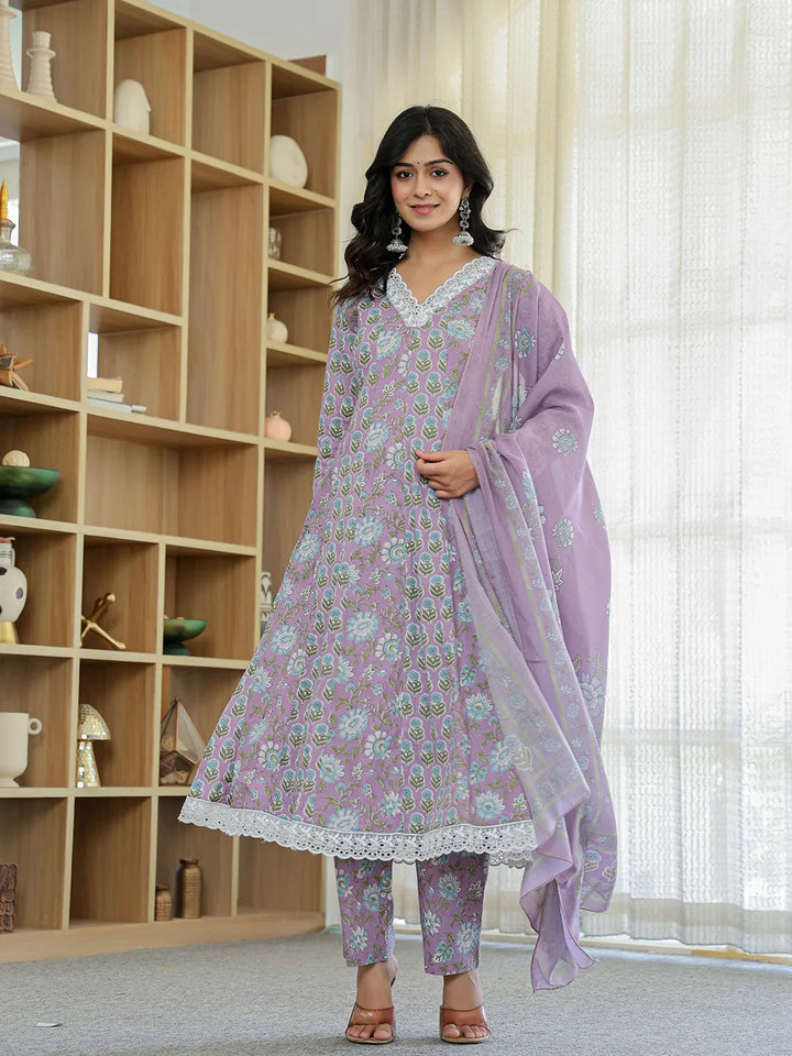 Lavender Pure Cotton Anarkali Kurta Dupatta Set With Lacework-Yufta Store-6045SKDLVM