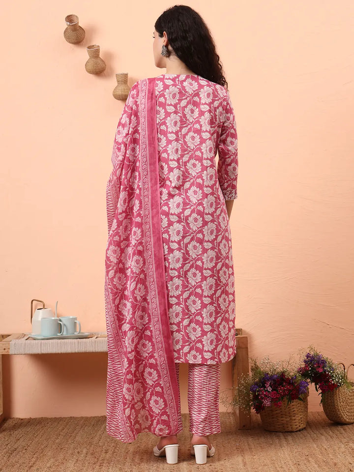 Lavender Pure Cotton Straight Floral,Kantha Work Kurta Pant Set-Yufta Store-6461SKDLVM