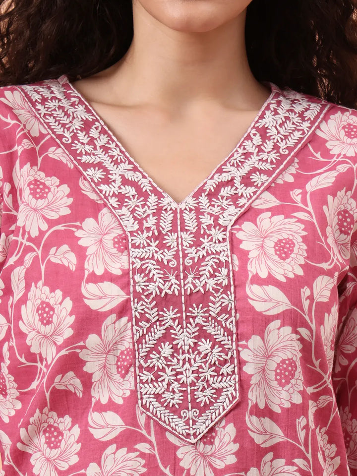 Lavender Pure Cotton Straight Floral,Kantha Work Kurta Pant Set-Yufta Store-6461SKDLVM