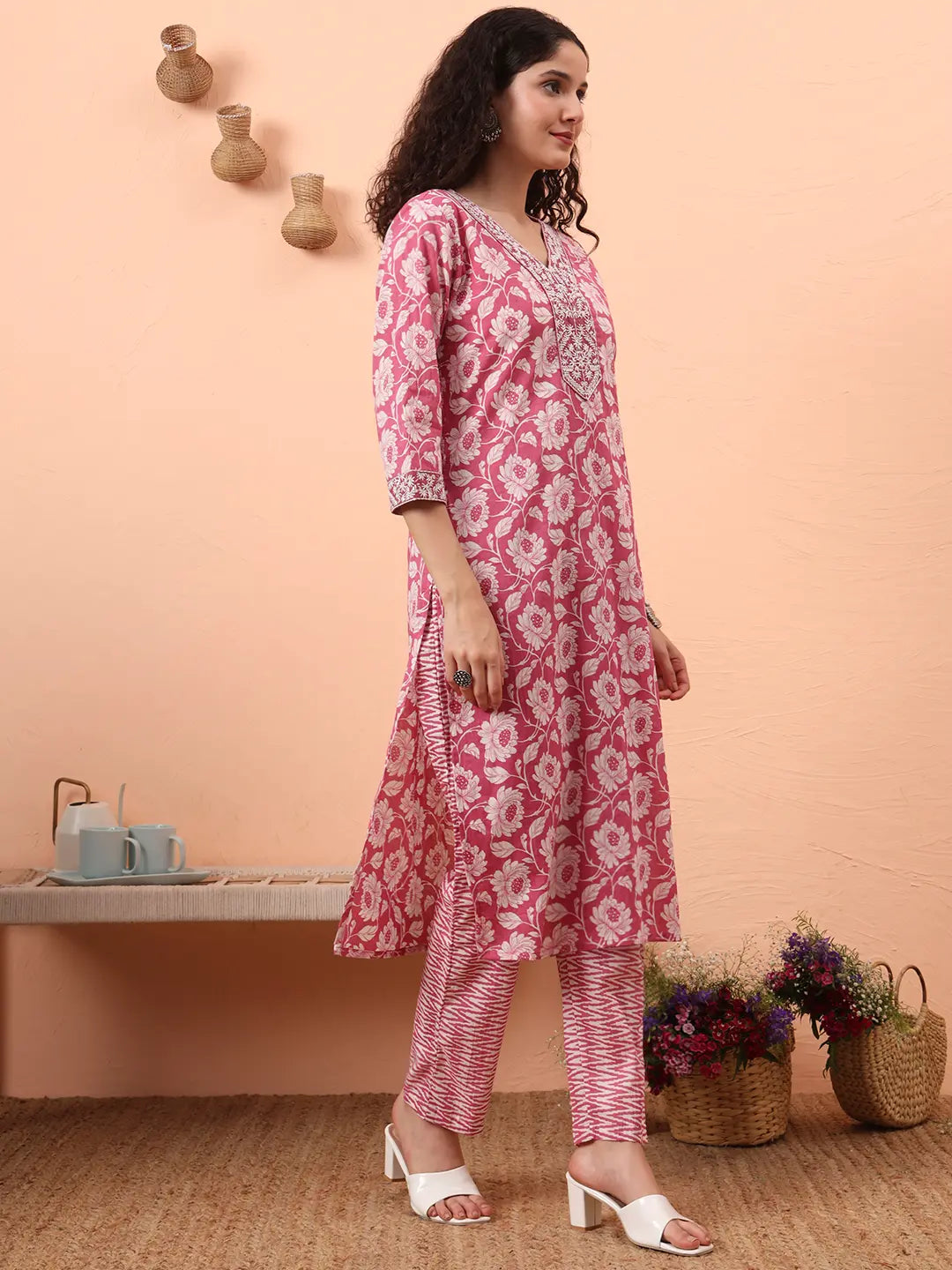 Lavender Pure Cotton Straight Floral,Kantha Work Kurta Pant Set-Yufta Store-6461SKDLVM