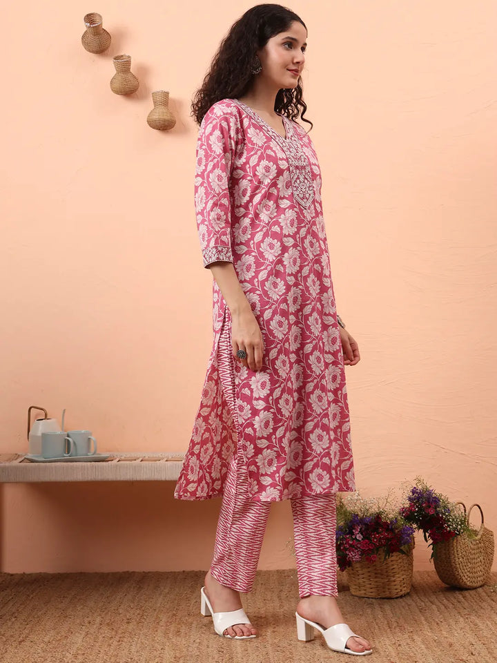 Lavender Pure Cotton Straight Floral,Kantha Work Kurta Pant Set-Yufta Store-6461SKDLVM