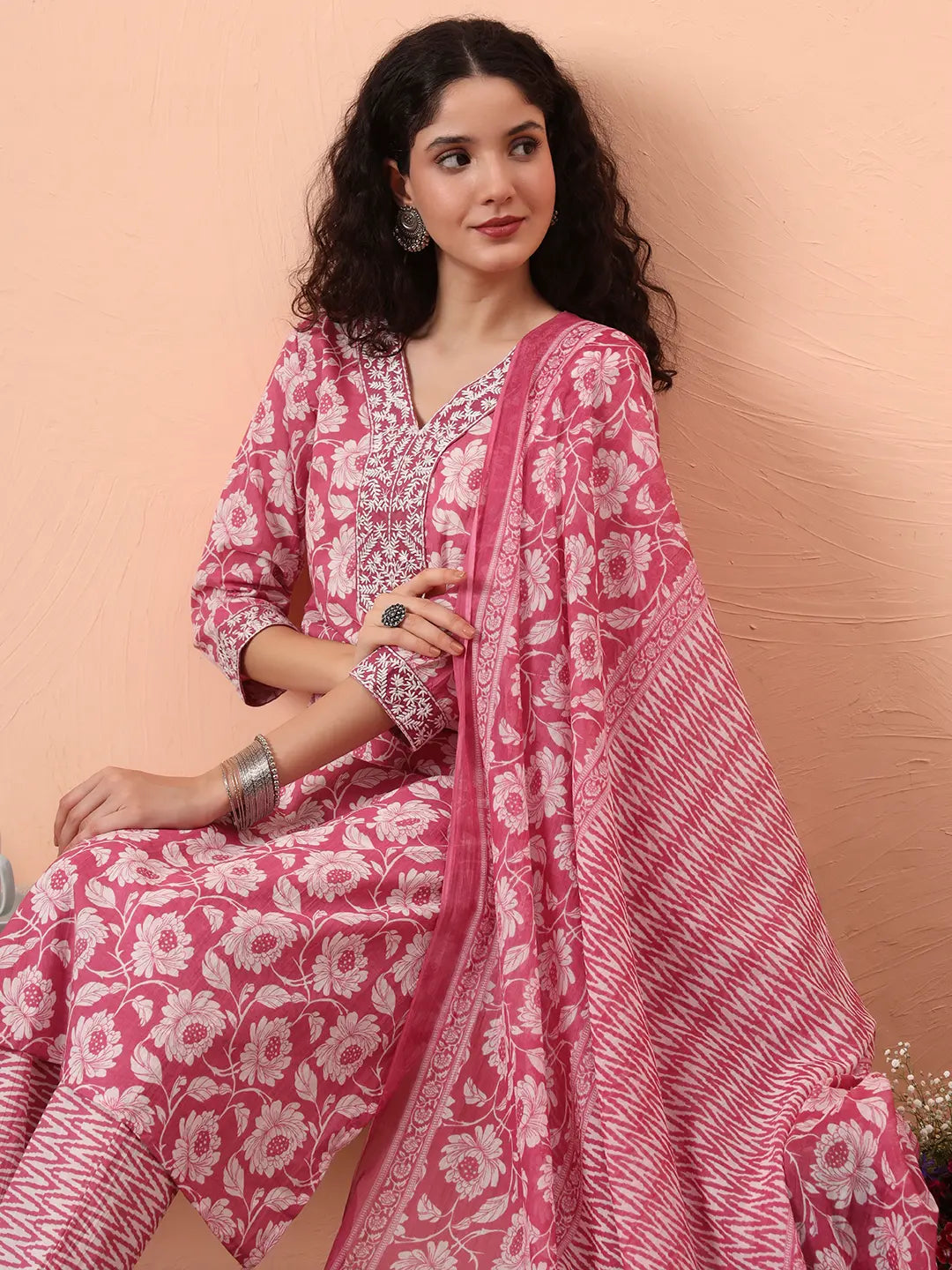 Lavender Pure Cotton Straight Floral,Kantha Work Kurta Pant Set-Yufta Store-6461SKDLVM