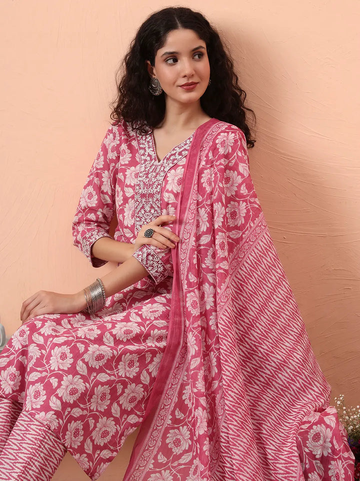 Lavender Pure Cotton Straight Floral,Kantha Work Kurta Pant Set-Yufta Store-6461SKDLVM