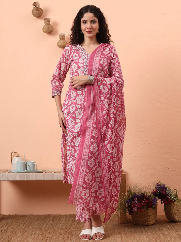 Lavender Pure Cotton Straight Floral,Kantha Work Kurta Pant Set-Yufta Store-6461SKDLVM