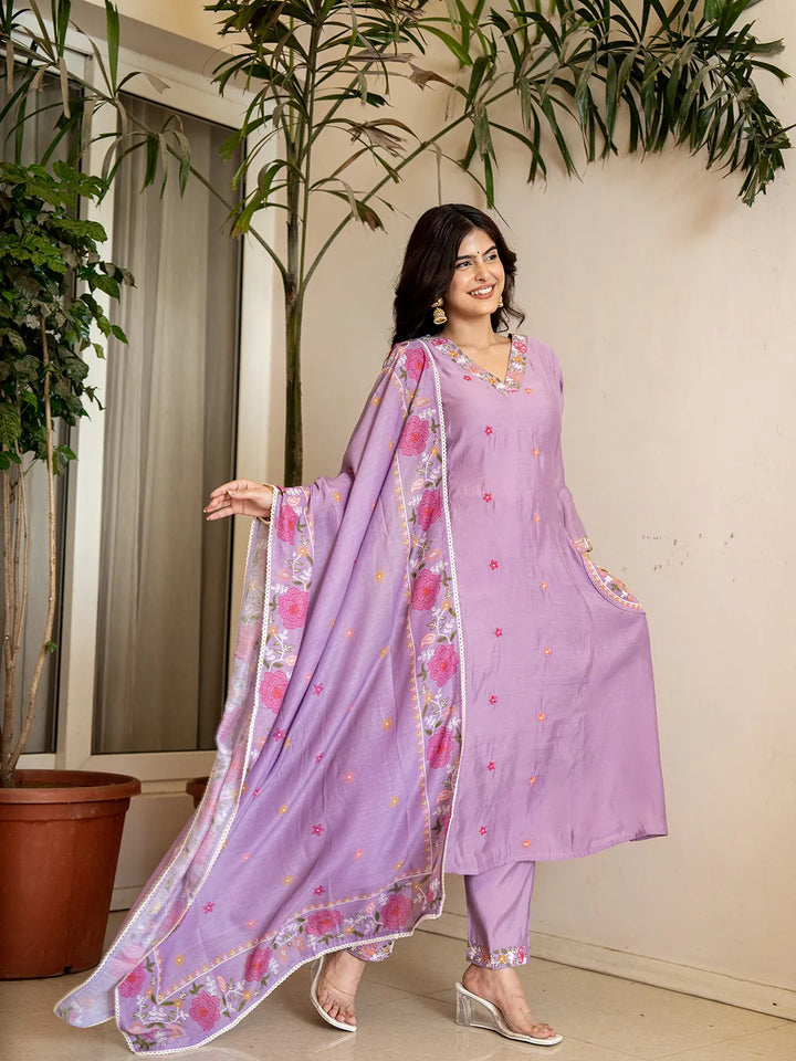 Lavender Resham Embroidery A-Line Chanderi Silk Kurta Trouser Dupatta Set