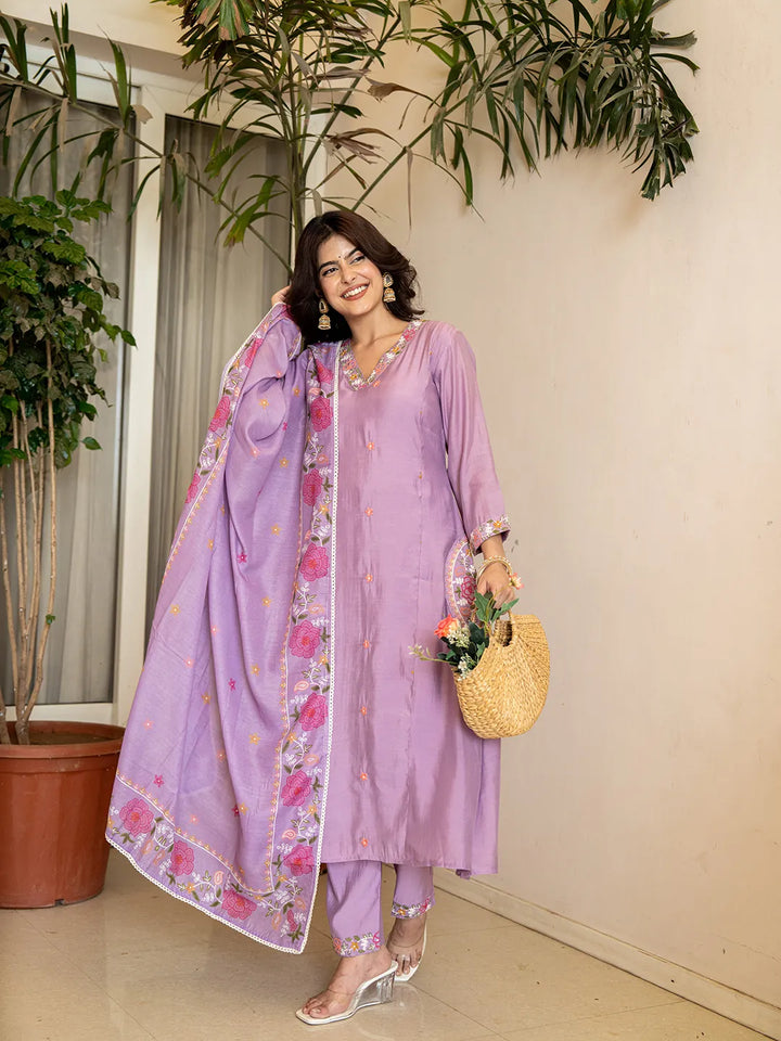 Lavender Resham Embroidery A-Line Chanderi Silk Kurta Trouser Dupatta Set