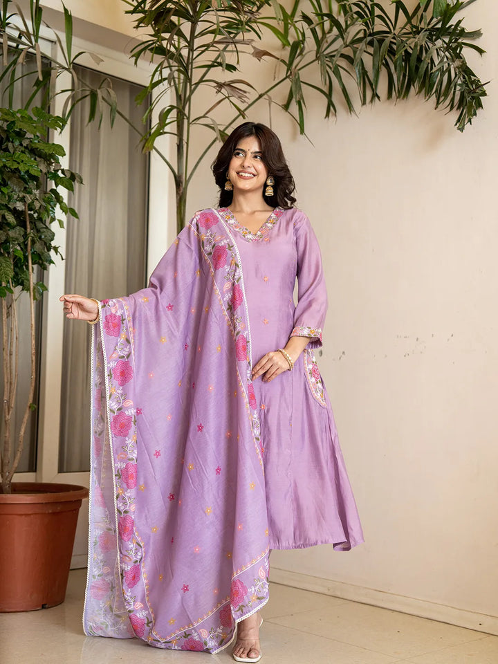 Lavender Resham Embroidery A-Line Chanderi Silk Kurta Trouser Dupatta Set