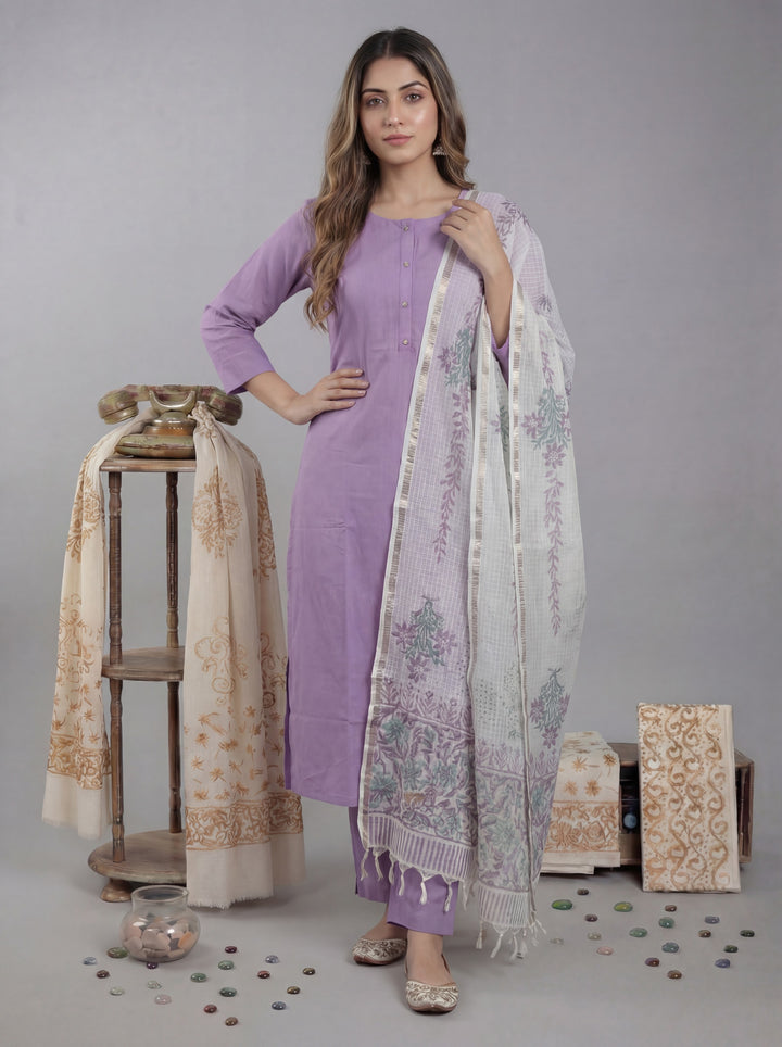 Lavender Silk Blend Straight Kurta Pant With Handblock Print Kota Doriya Dupatta Set