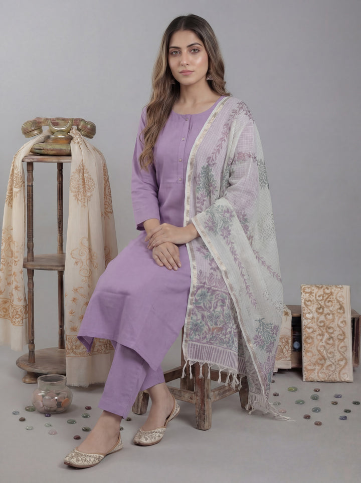 Lavender Silk Blend Straight Kurta Pant With Handblock Print Kota Doriya Dupatta Set