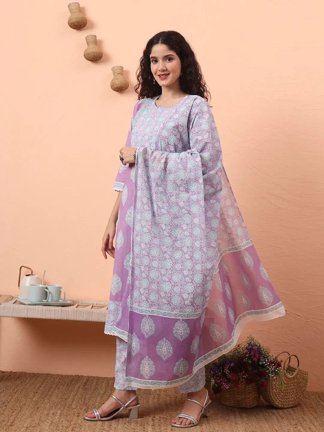 Lavender Straight Ethnic Motifs Zari Kurta Trouser Dupatta Set-Yufta Store-6454SKDLVM