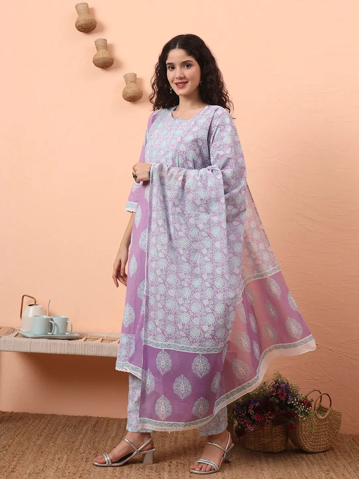 Lavender Straight Ethnic Motifs Zari Kurta Trouser Dupatta Set-Yufta Store-6454SKDLVM