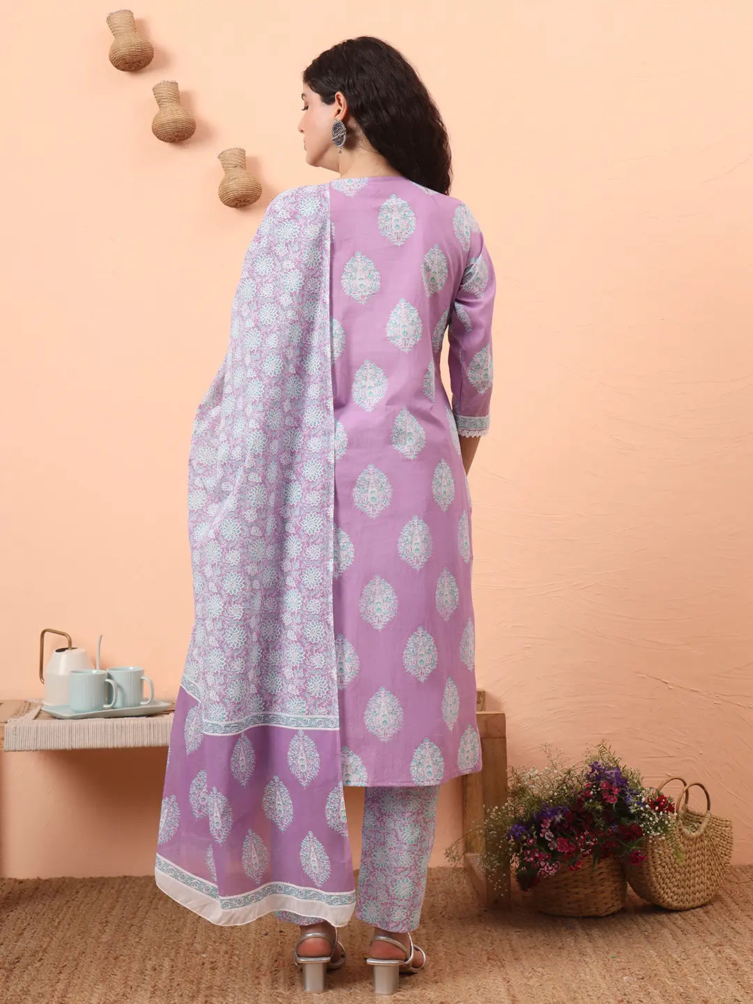 Lavender Straight Ethnic Motifs Zari Kurta Trouser Dupatta Set-Yufta Store-6454SKDLVM