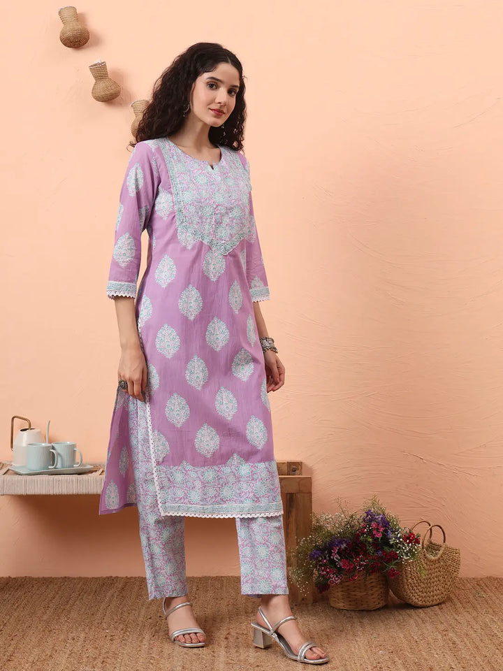 Lavender Straight Ethnic Motifs Zari Kurta Trouser Dupatta Set-Yufta Store-6454SKDLVM