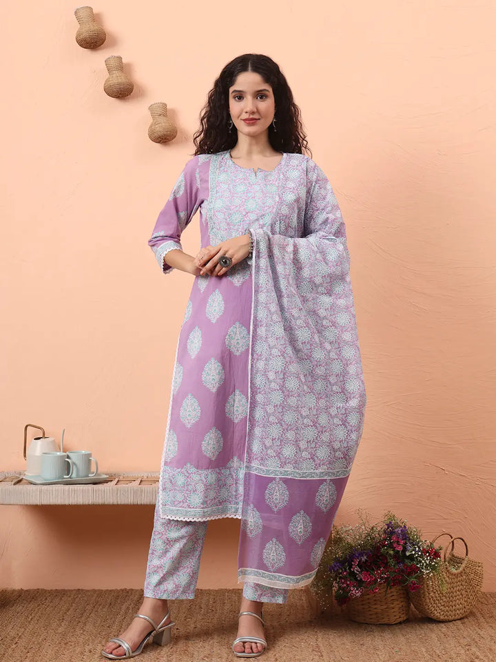 Lavender Straight Ethnic Motifs Zari Kurta Trouser Dupatta Set-Yufta Store-6454SKDLVM
