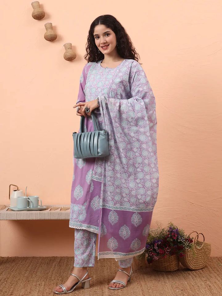 Lavender Straight Ethnic Motifs Zari Kurta Trouser Dupatta Set-Yufta Store-6454SKDLVM
