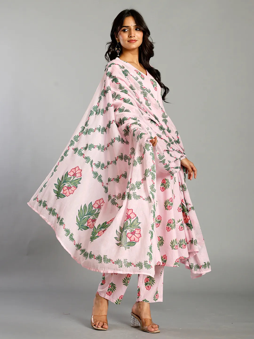 Light Pink Block Print Cotton A-Line Maternity Kurta Trouser Dupatta Set