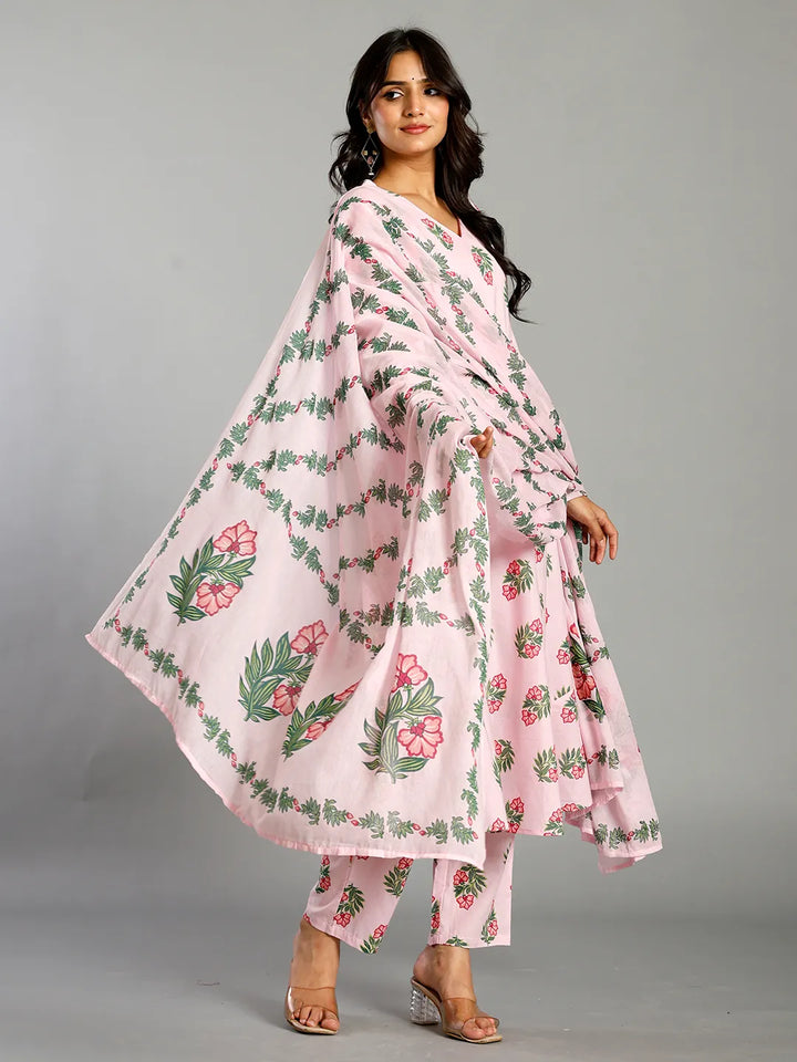 Light Pink Block Print Cotton A-Line Maternity Kurta Trouser Dupatta Set