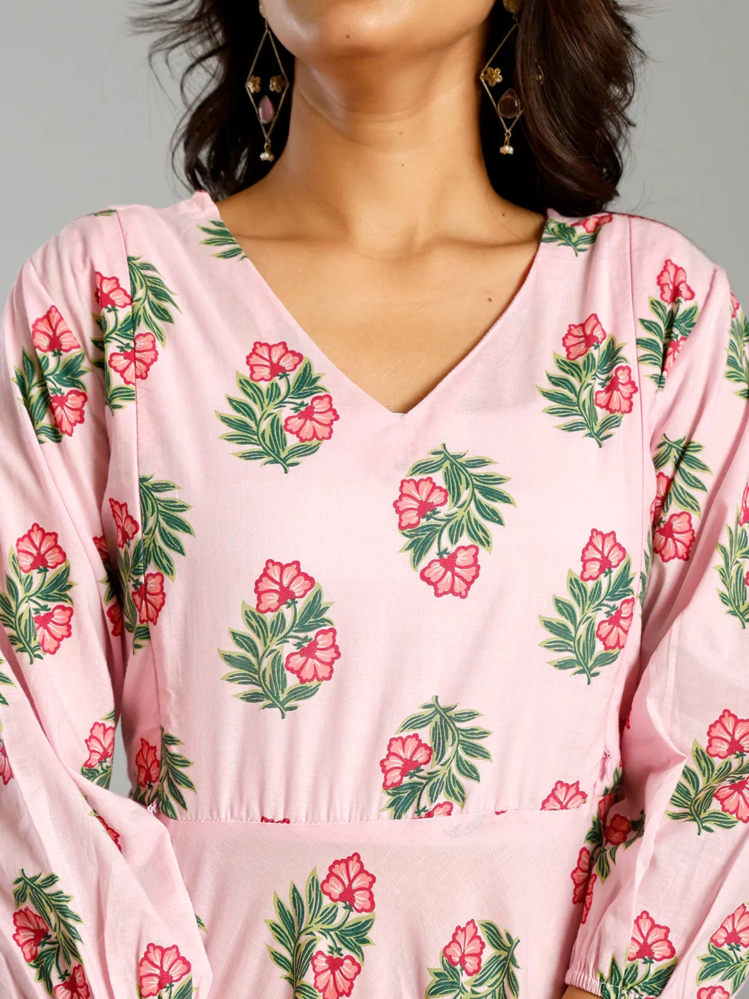 Light Pink Block Print Cotton A-Line Maternity Kurta Trouser Dupatta Set