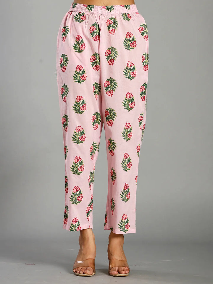 Light Pink Block Print Cotton A-Line Maternity Kurta Trouser Dupatta Set